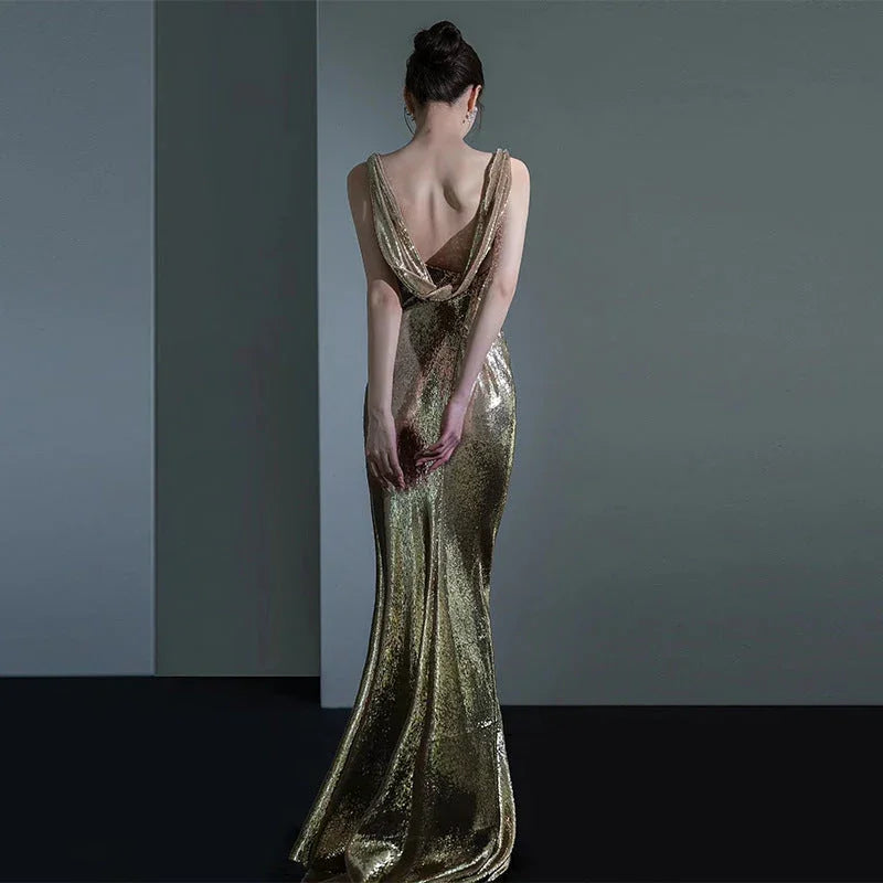 Fishtail Evening Dress For Women Elegant Sequins Annual Meeting Sexy Backless - VAleG