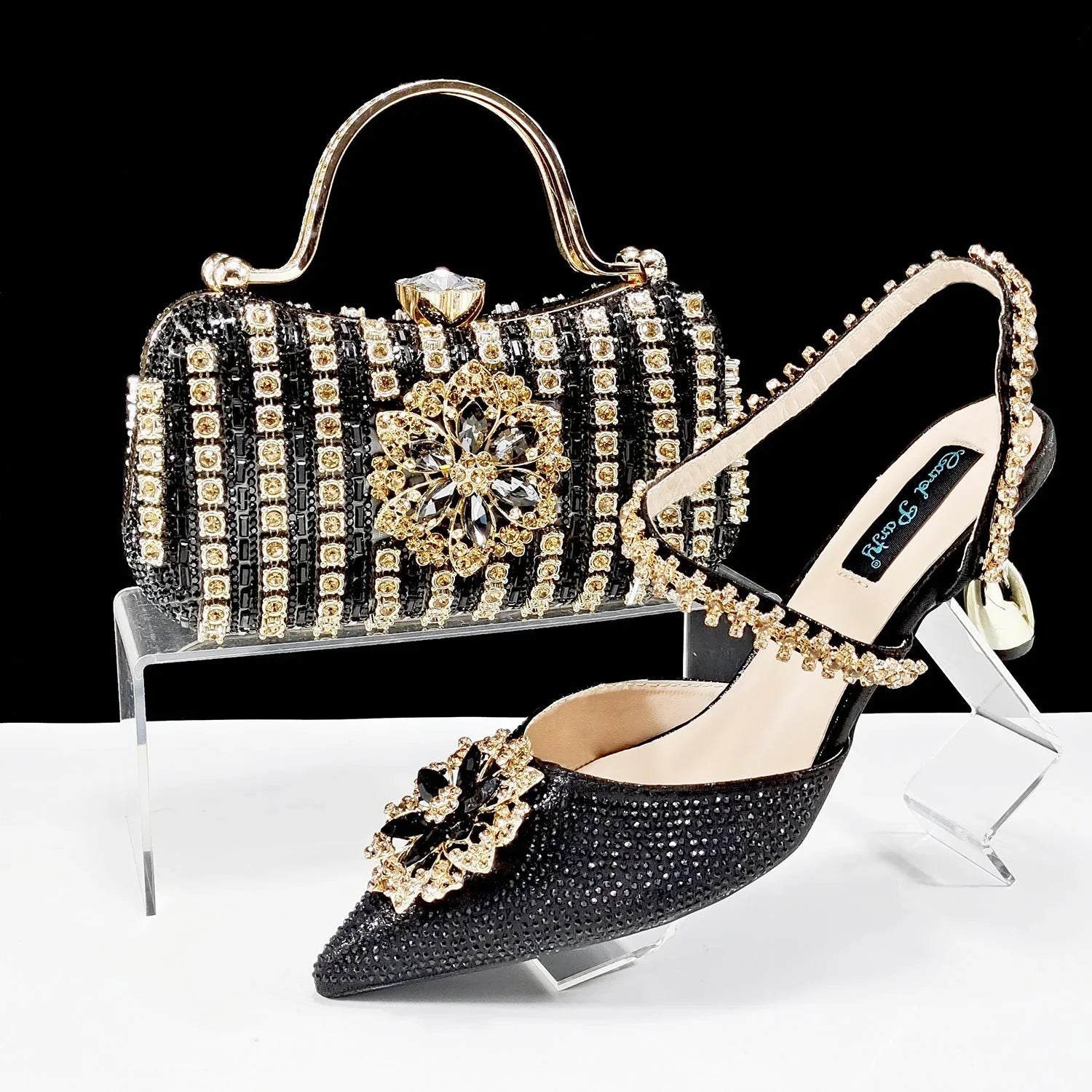 Sexy Women's Shoes And Bags Suit Drill Buckle Flower Decorative Ankle Drill Chain With Hard Clutch - VAleG