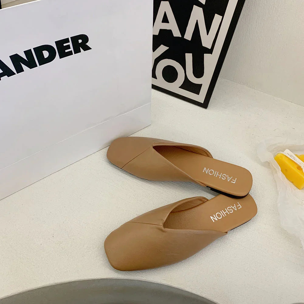 Square Toe Cap Half Slippers Women's Flat Plus Size Sandals - VAleG