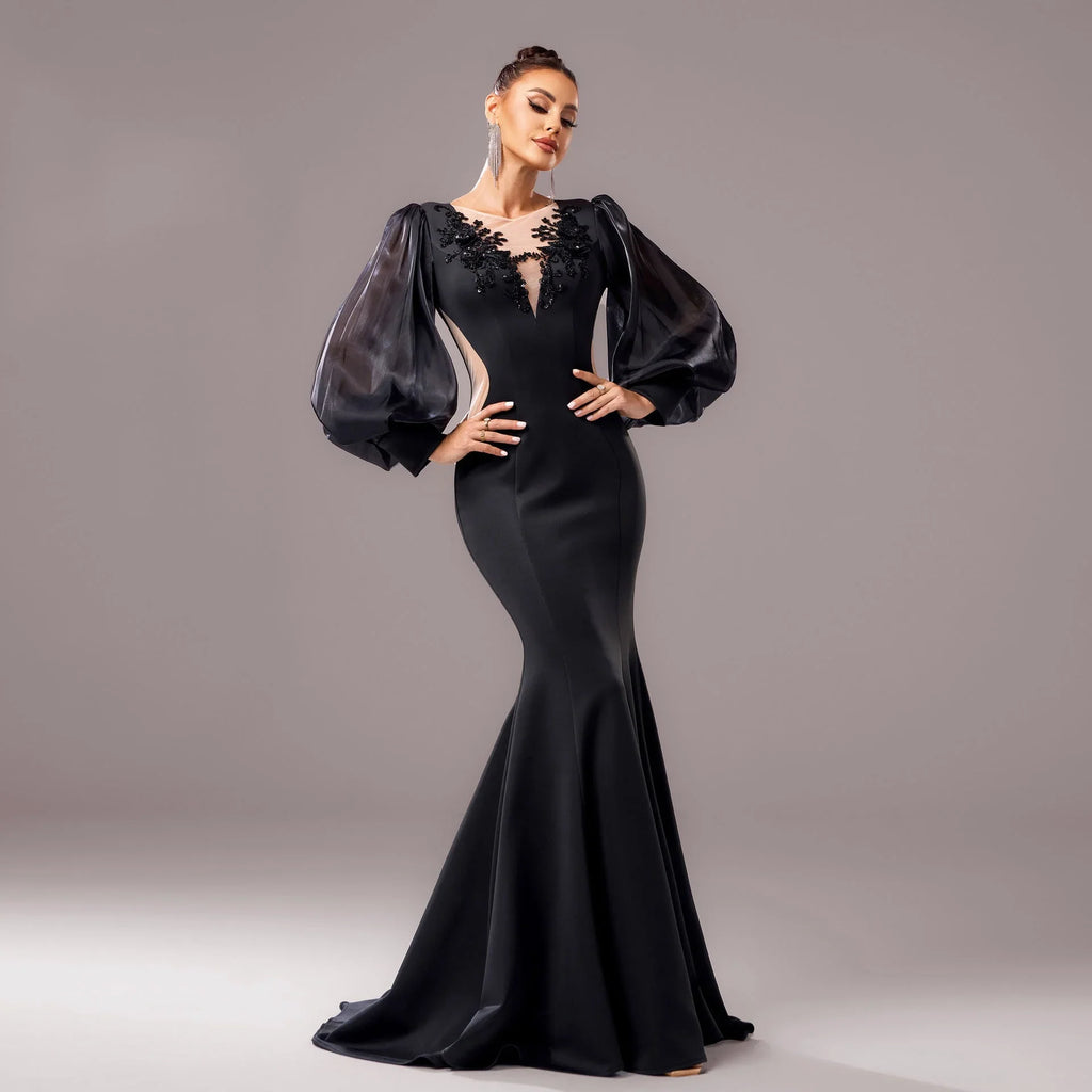 Long Sleeve Round Neck Banquet Applique Sheath Fishtail Dress - VAleG