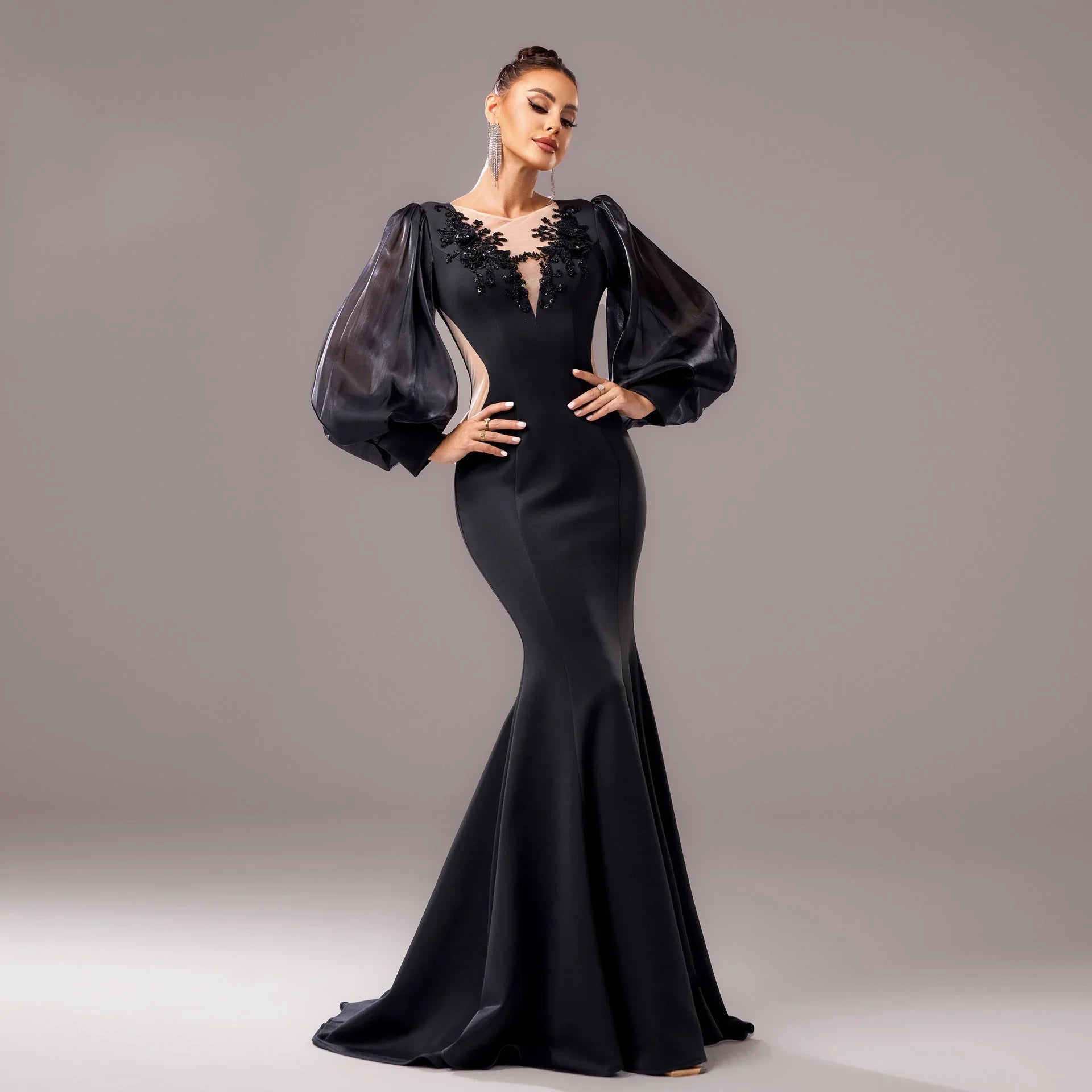 Long Sleeve Round Neck Banquet Applique Sheath Fishtail Dress - VAleG
