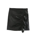 Women's Ruffle Trim Artificial Hip Leather Skirt - VAleG