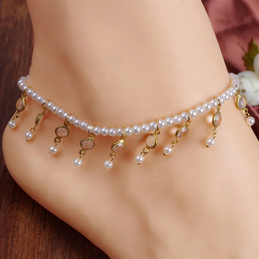 Beach Pearl Crystal Tassel Elastic Anklet - VAleG