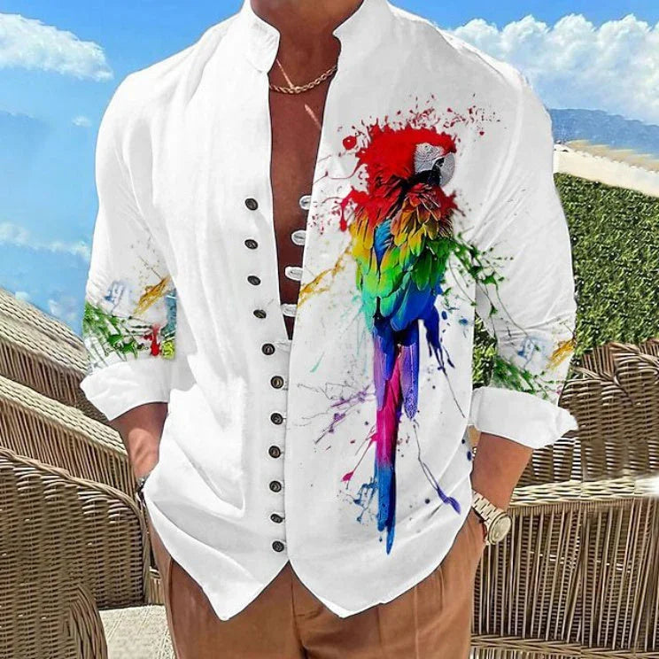 Men's Printed Stand Collar Short Sleeve Button Shirt - VAleG