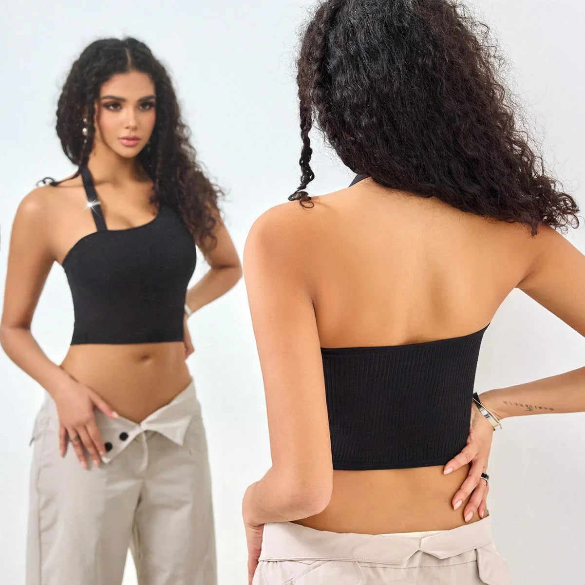 Solid Color Low Cut Sleeveless Midriff-baring One Shoulder Halterneck Vest - VAleG