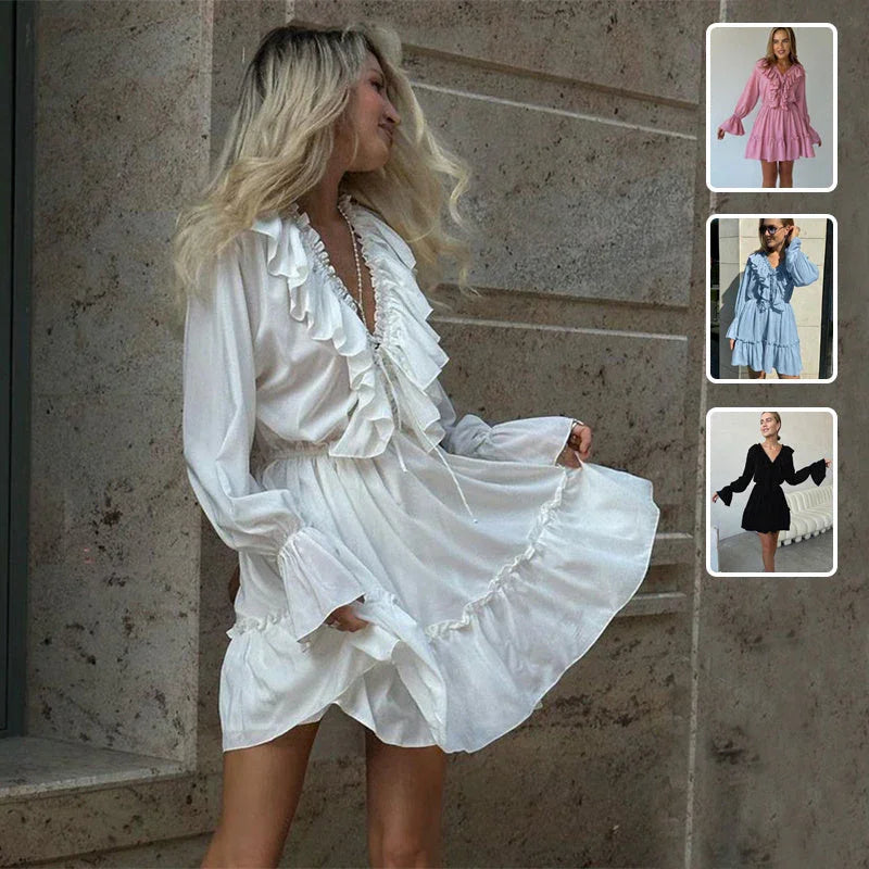 Fashion V Neck Pleated Ruffle Long Sleeve Dress Y2K V Neck Flared Sleeve Short Dress Women's Clothing - VAleG