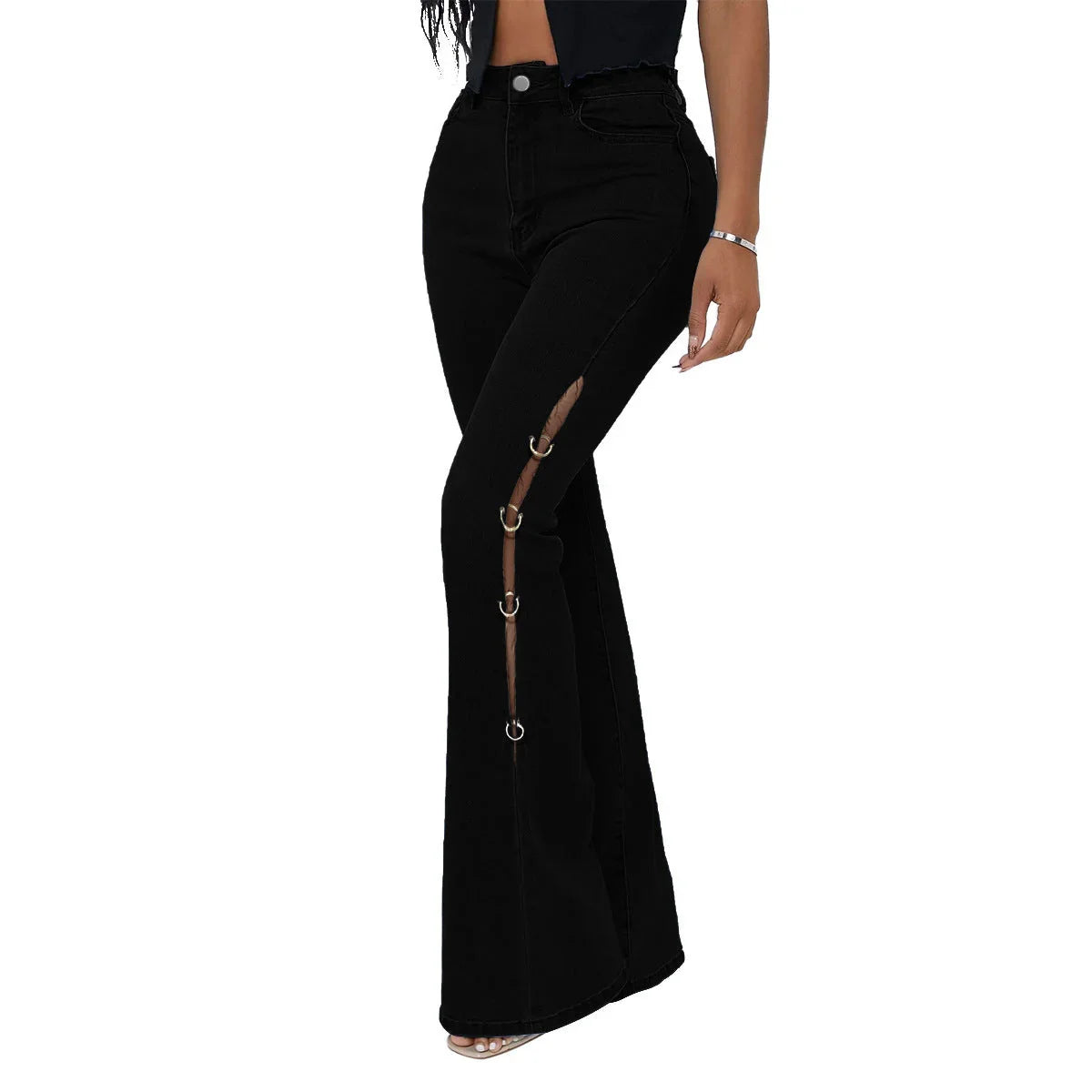 Denim Flared Pants With Metal Decoration - VAleG