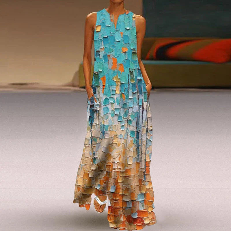 Printed V-neck Pocket Long Dress Swing - VAleG