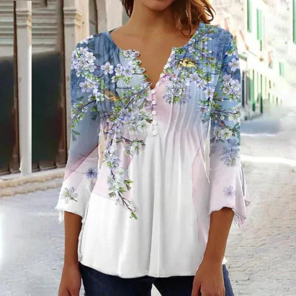 Women's Floral Printed V-neck Short Sleeve Button T-shirt - VAleG