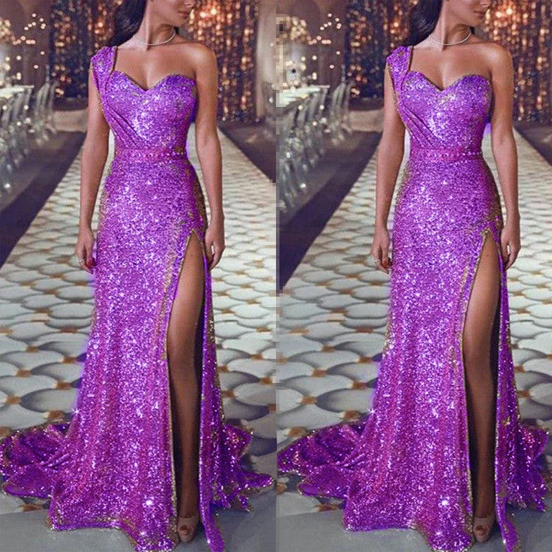 Women's Clothing One-shoulder Sleeveless Bronzing Split Dress - VAleG