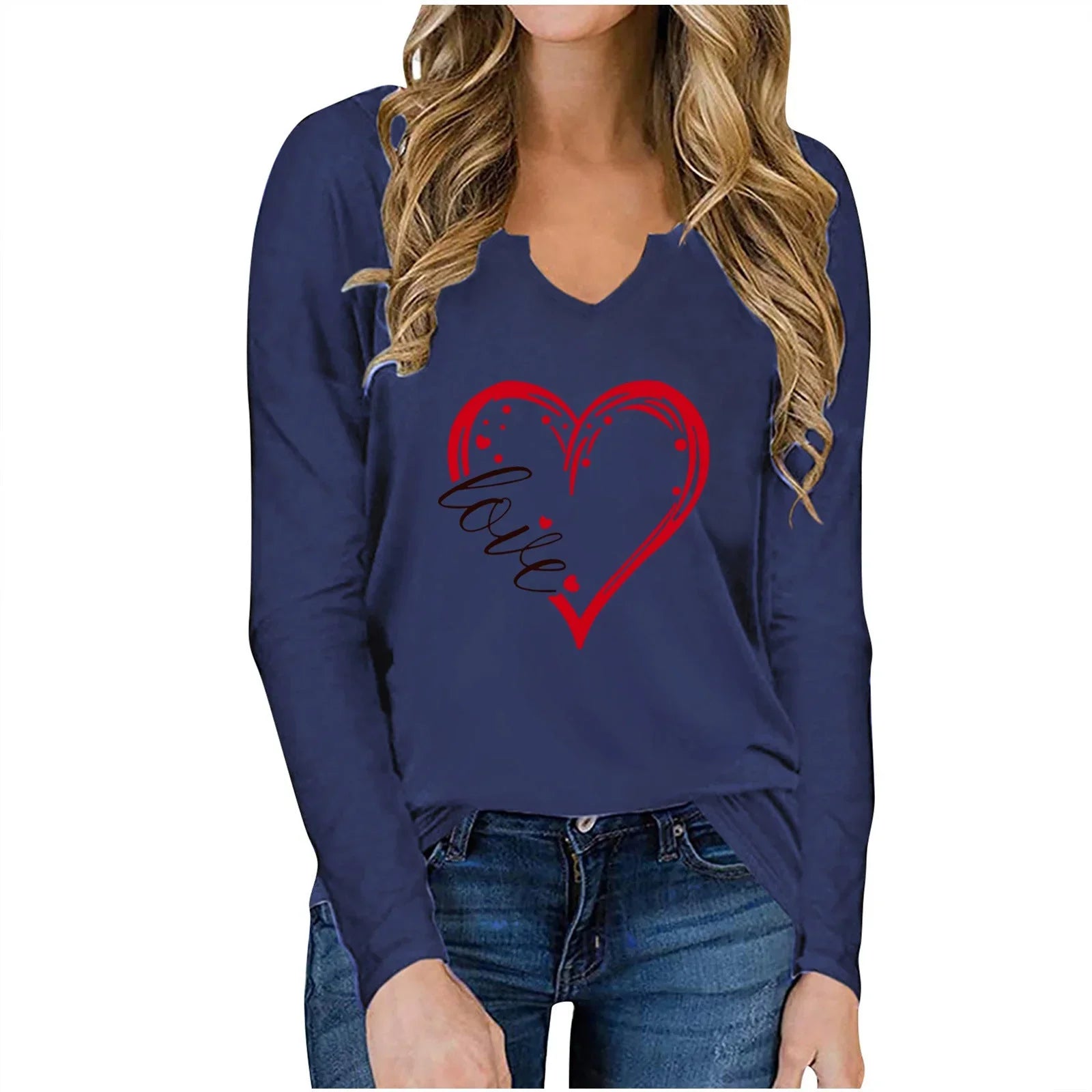 Vneck Valentines Day Printed Tshirt Cross-border Longsleeved Loose Top - VAleG