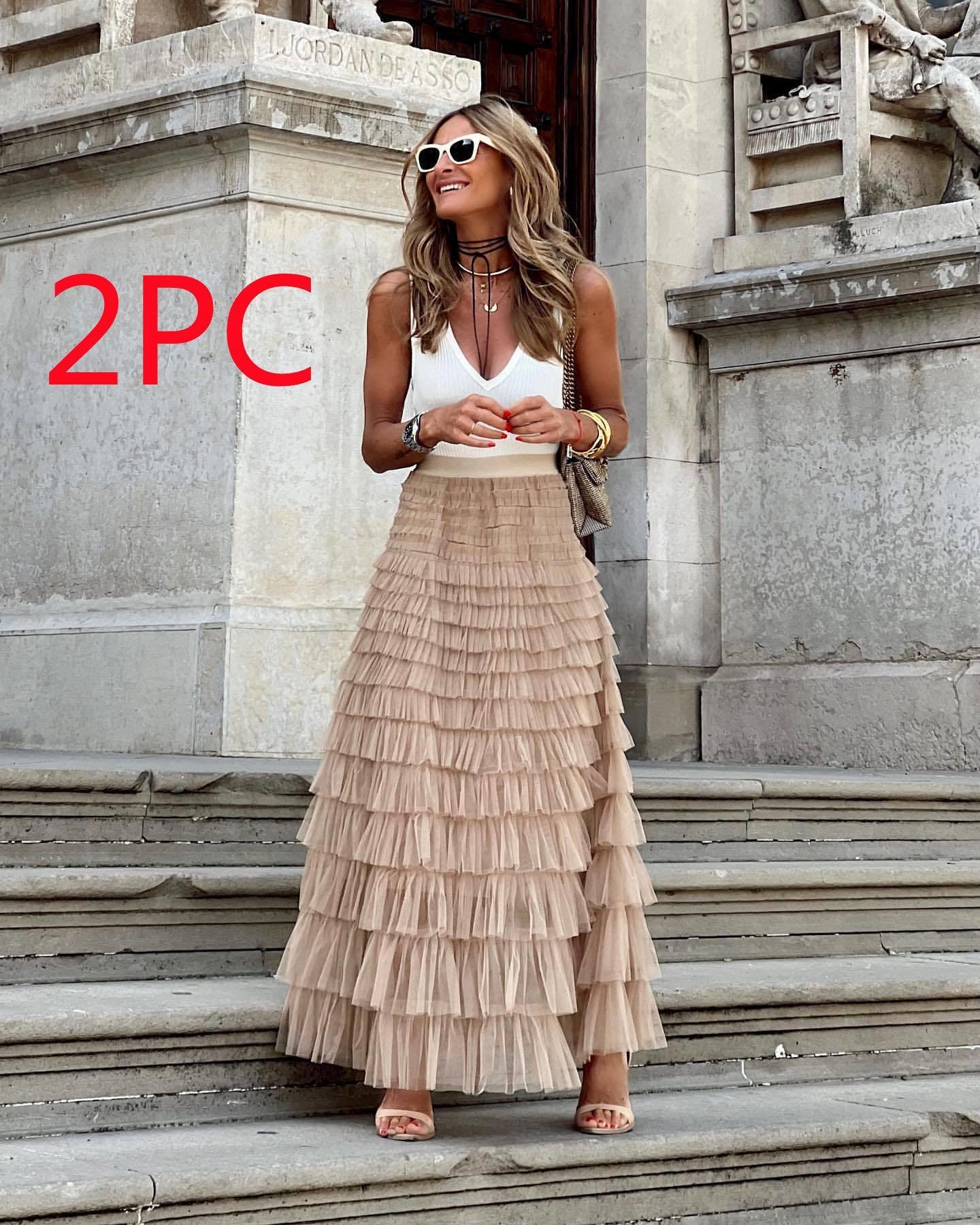 Layered Ruffles Cake Skirt Summer Fashion A Line Swing Mesh Long Skirt Party Dress Women - VAleG