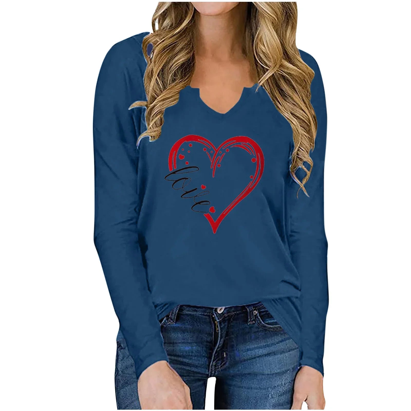 Vneck Valentines Day Printed Tshirt Cross-border Longsleeved Loose Top - VAleG