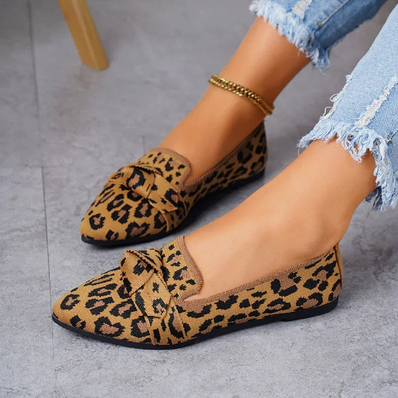 Plus Size Flyknit Flat Low-cut Shoes Female Pointed-toe Bowknot Boat Shoes - VAleG
