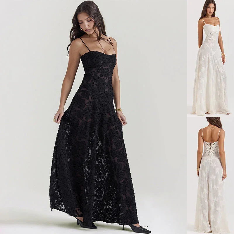 Fashion Suspender Lace Long Dress Summer Strapless Collar Elegant Evening Dresses For Women - VAleG