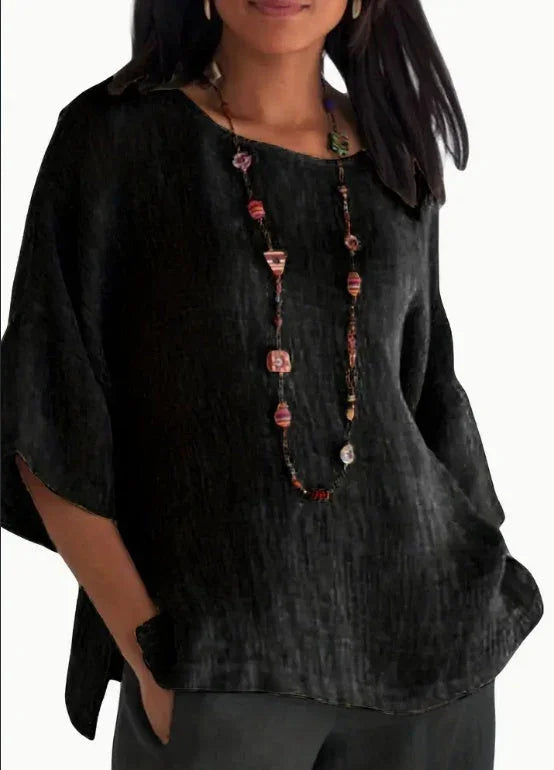 Women Fashion Casual Shirts Solid Color 3 4 Sleeve Round Neck Blouses Summer Loose Tops Streetwear - VAleG