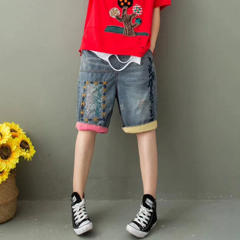 Women's Summer Ethnic Style Embroidered Denim Five-point Pants - VAleG