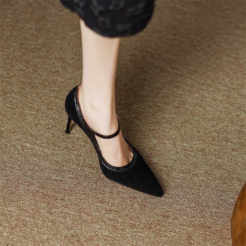 Women's Stiletto Heel Genuine Leather Buckle Pointed Toe Low-cut Shoes - VAleG