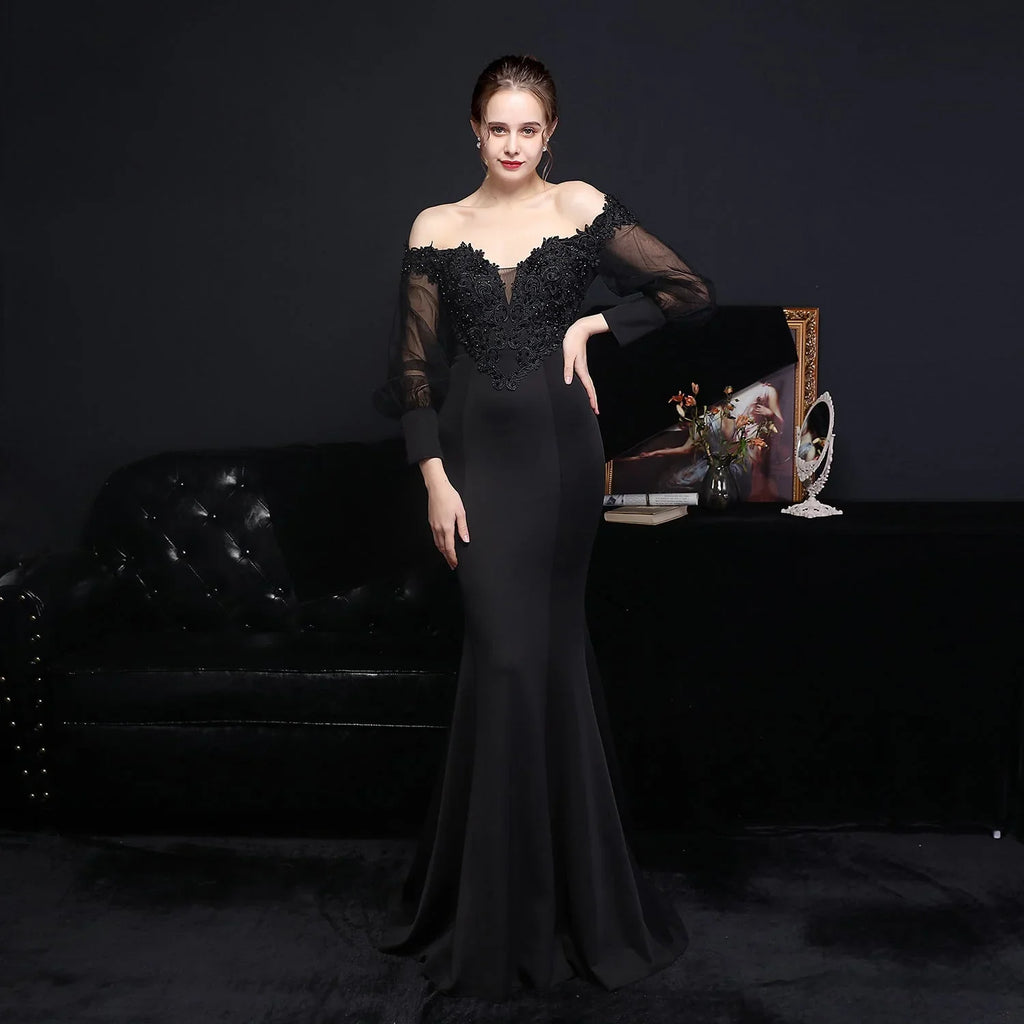 Full Craft Lace Hot Long-sleeved Evening Dress Tail Skirt - VAleG