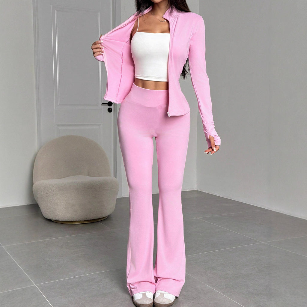 Completo da donna con colletto rialzato, cerniera, tinta unita, top a maniche lunghe e pantaloni