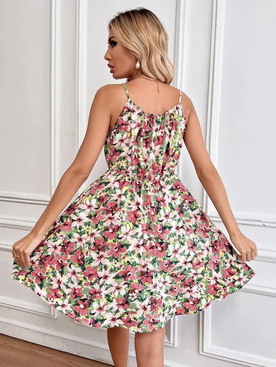 Floral Print Suspender Dress With Elastic Waist Design Fashion Summer Short Dresses Womens Clothing - VAleG