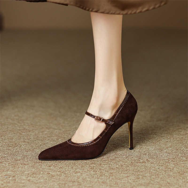 Women's Stiletto Heel Genuine Leather Buckle Pointed Toe Low-cut Shoes - VAleG