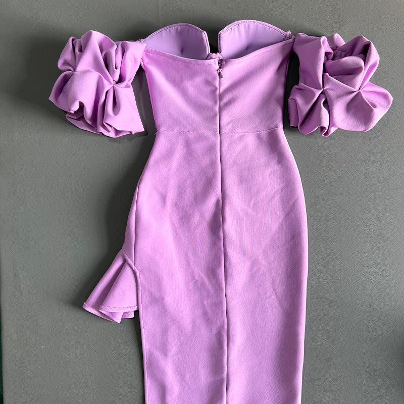 Women's Solid Color Lantern Sleeve Bandage Dress - VAleG