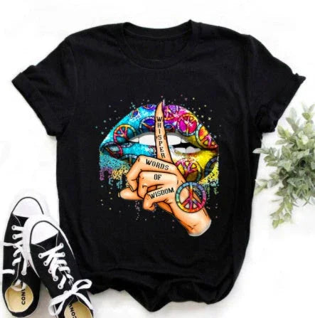 Leopard Print Love Lip Print Fashion Western Style Summer Ladies Print Short-sleeved T-shirt Top - VAleG