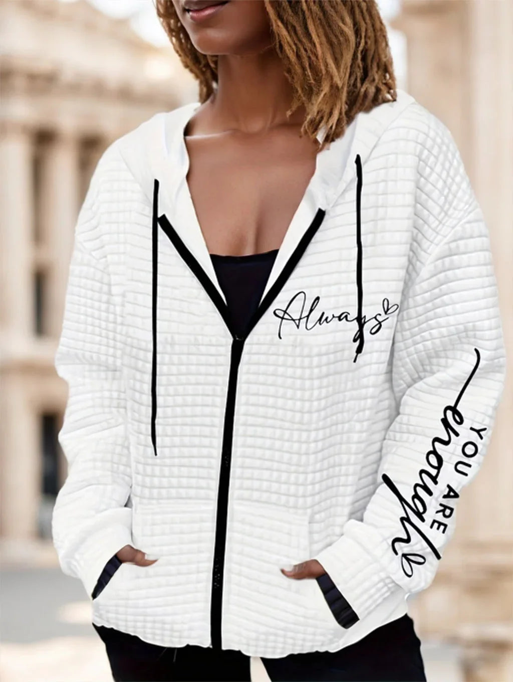 Letter Print Zipper Dual Pockets Hoodie - VAleG