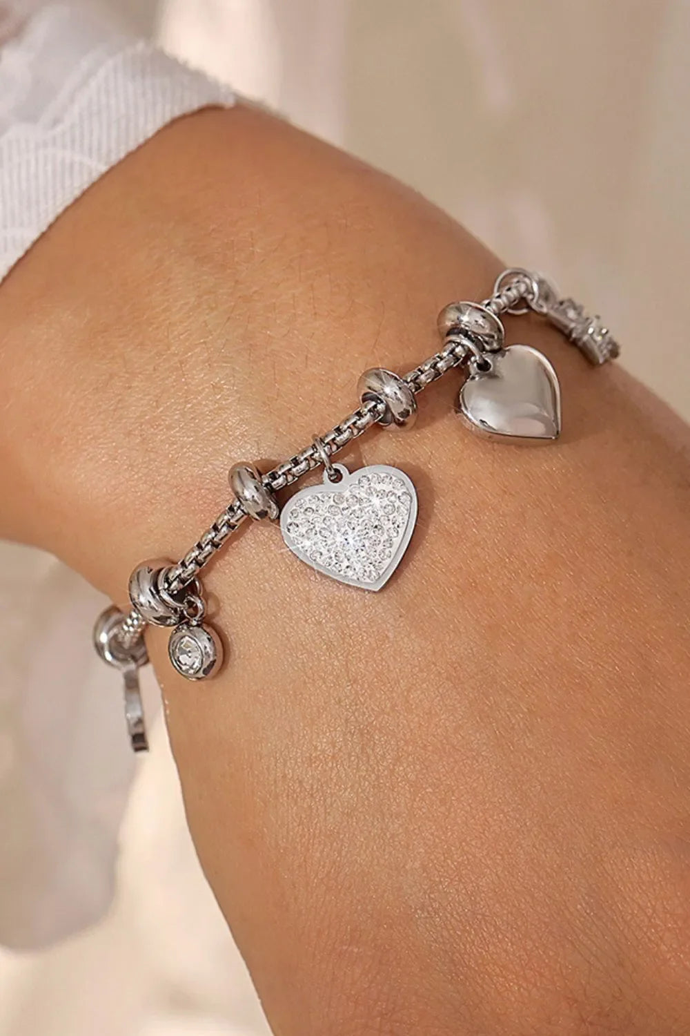 Titanium Steel Inland Zircon Heart Charm Bracelet - VAleG