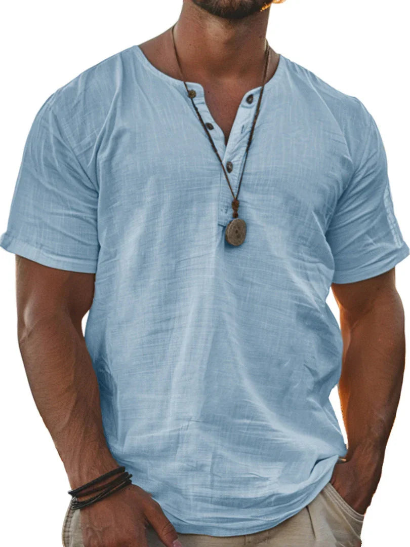 Men's Fashion Wear Men's Stand Collar Half Cardigan 4 Button Short Sleeve Shirt - VAleG