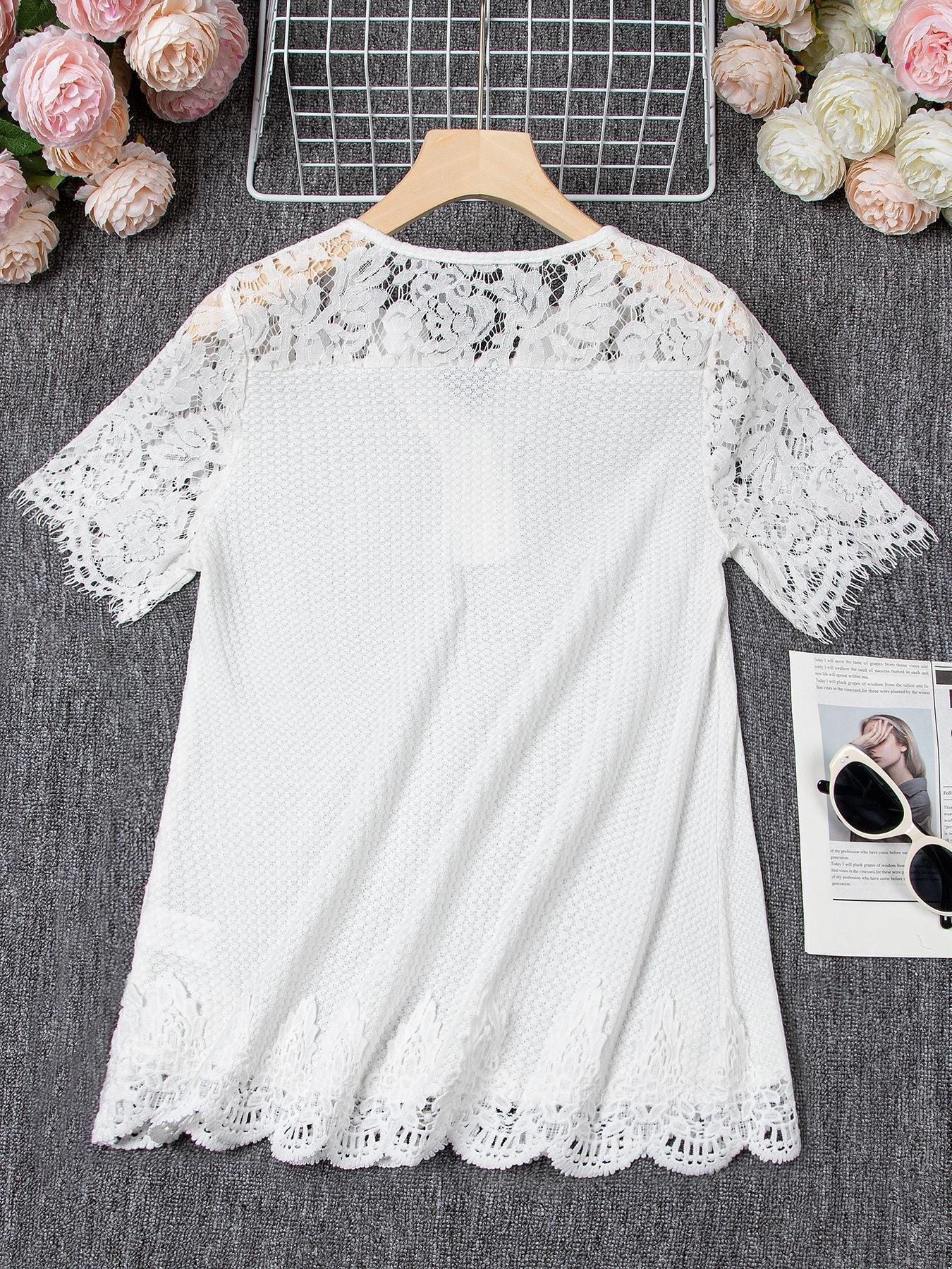 Plus Size Women's Knitted Lace Stitching Lace Short-sleeved T-shirt - VAleG