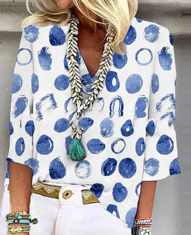 Ethnic Style V Neck Printed Women's Casual Shirt - VAleG