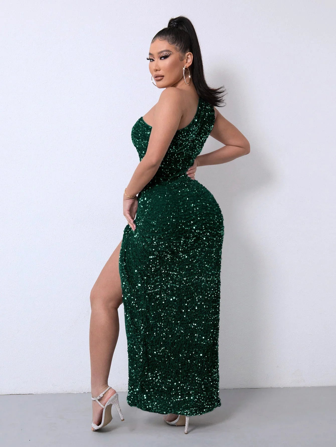 Foreign Trade Sleeveless One Shoulder Slash Neck Sequins Gorgeous Slit Women's Dress - VAleG