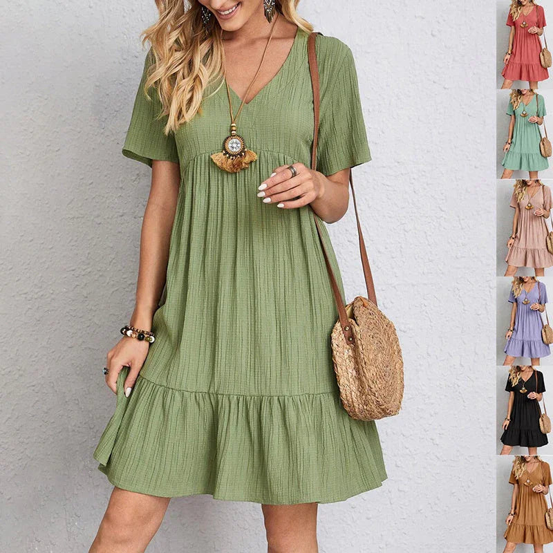 V-neck Short Sleeve Dress Summer Fashion Casual Loose Ruffled Dresses Beach Clothing Women - VAleG