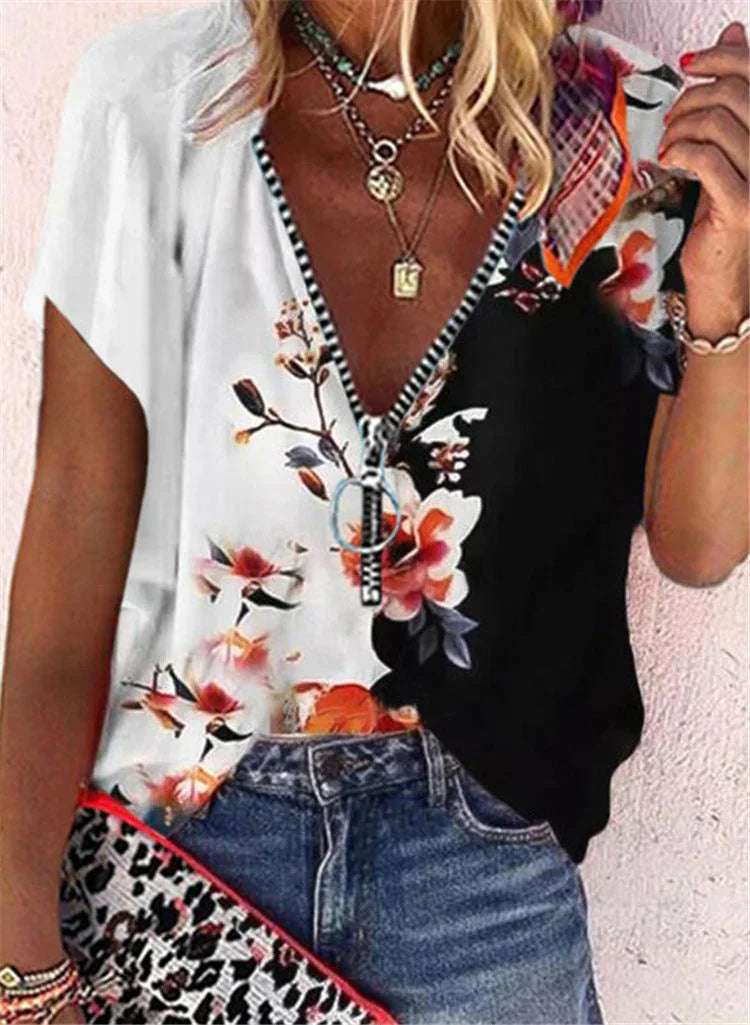 European And American Women's New Printed V-neck Loose T-shirt - VAleG