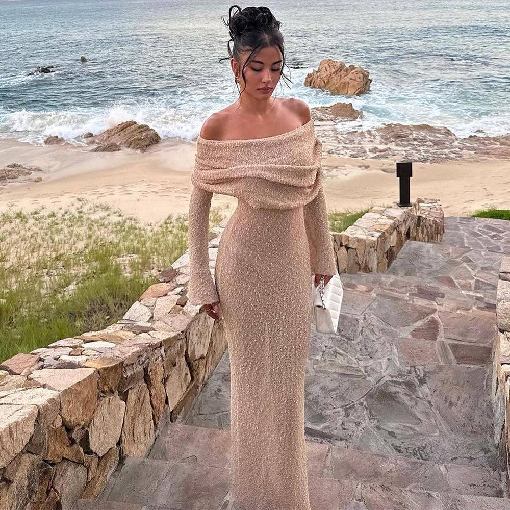 New One-shoulder Knitted Long-sleeved Dress Sexy Beach Holiday Long Dresses Womens Clothing - VAleG