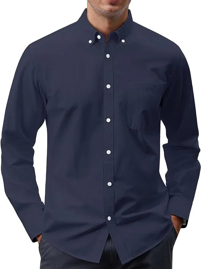 Solid Color Oxford Long Sleeve Button Shirt - VAleG