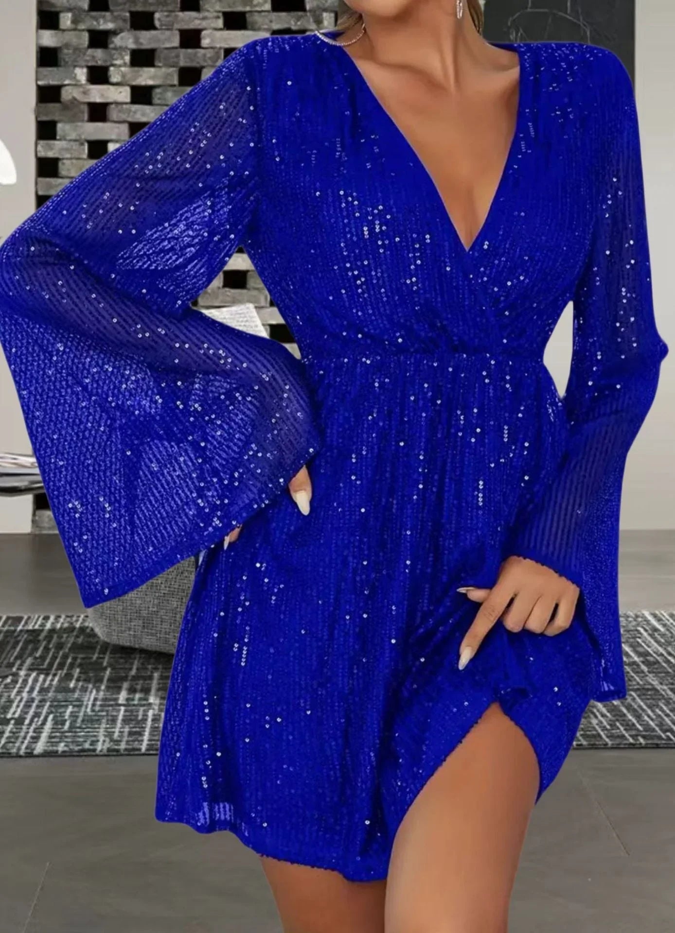 V-neck Sequin Waist Slimming Senior Party Evening Dress - VAleG
