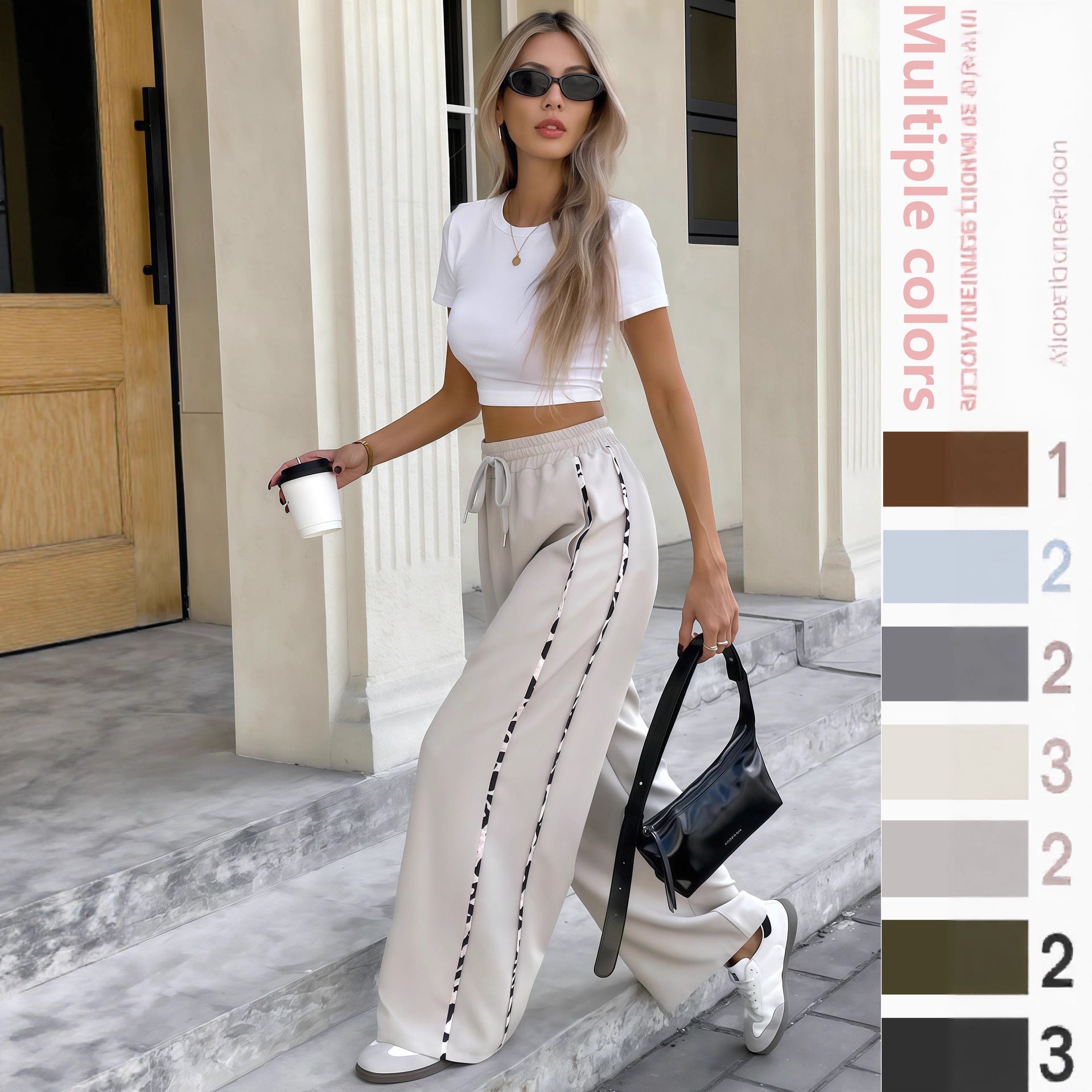 Pantaloni casual sportivi dritti larghi a vita alta  con lacci