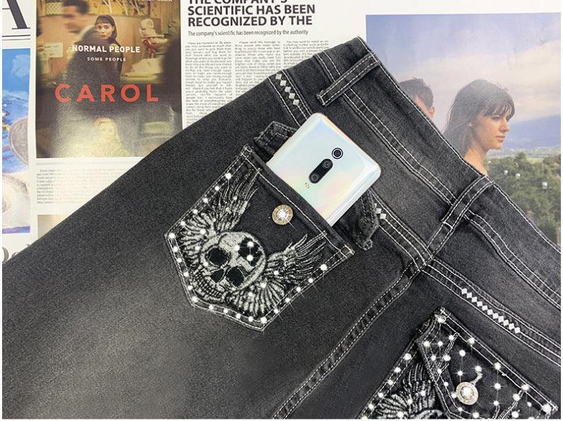 European And American Hot Pants New Retro Embroidered Skull Hot Rhinestone Elastic Slim Fit Slimming Skinny Denim Trousers - VAleG