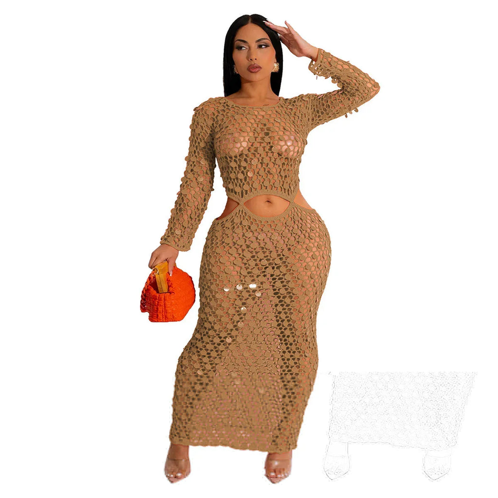 Casual Hollowed Out Sequin Beach Dress - VAleG