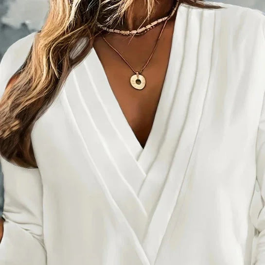 Solid V-Neck Blouse Long Sleeve - VAleG