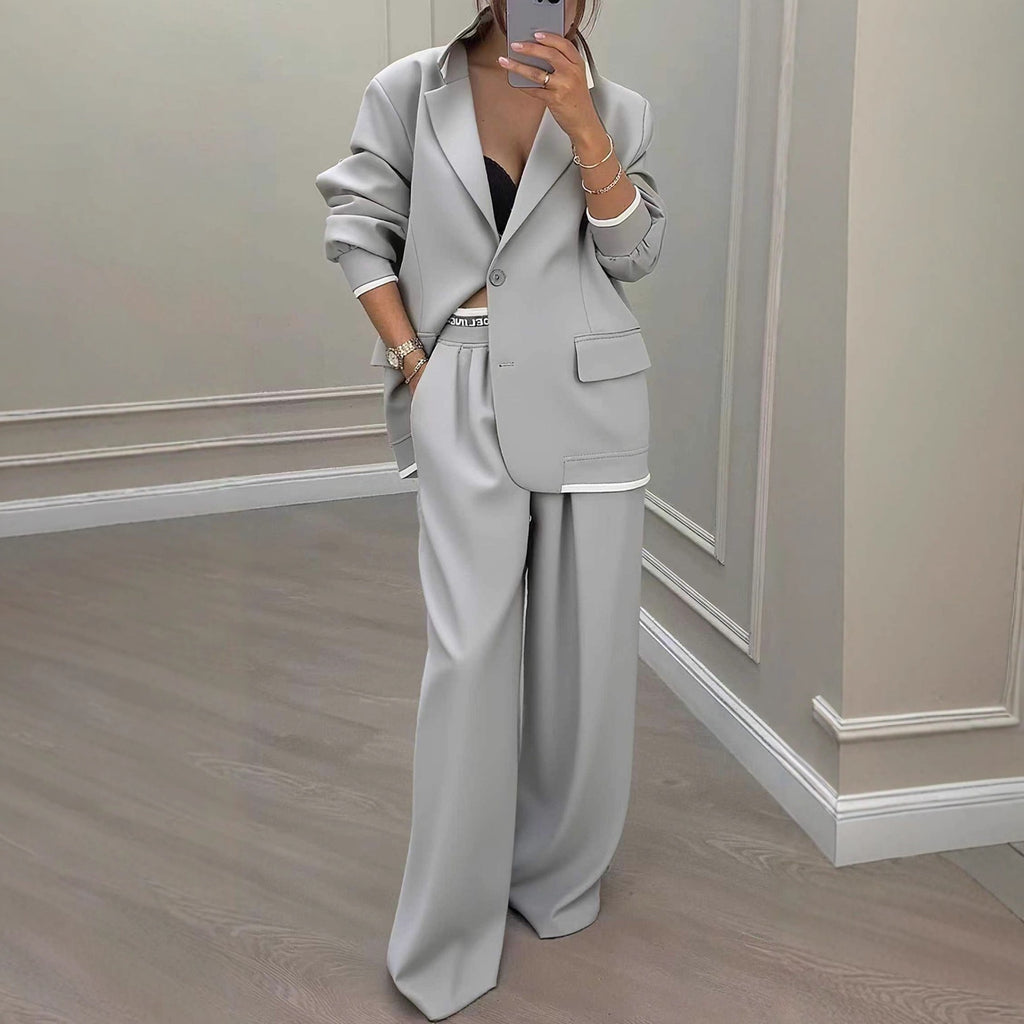 Completo casual da donna con giacca a maniche lunghe e pantaloni a gamba larga