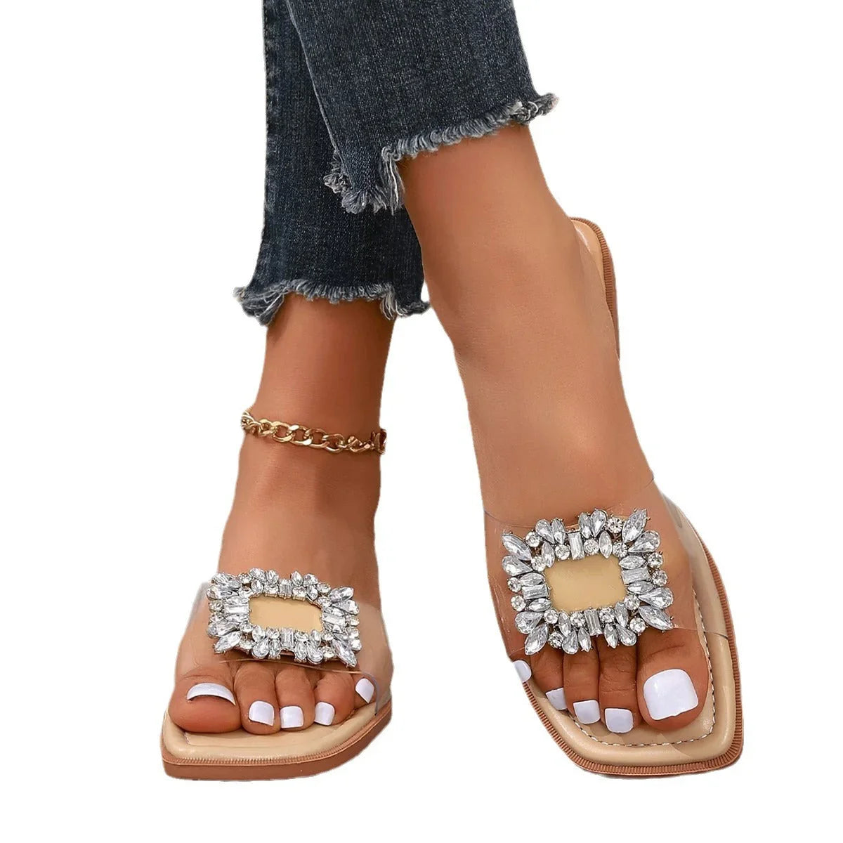 European And American Rhinestone Transparent Large Size Flat Sandals - VAleG