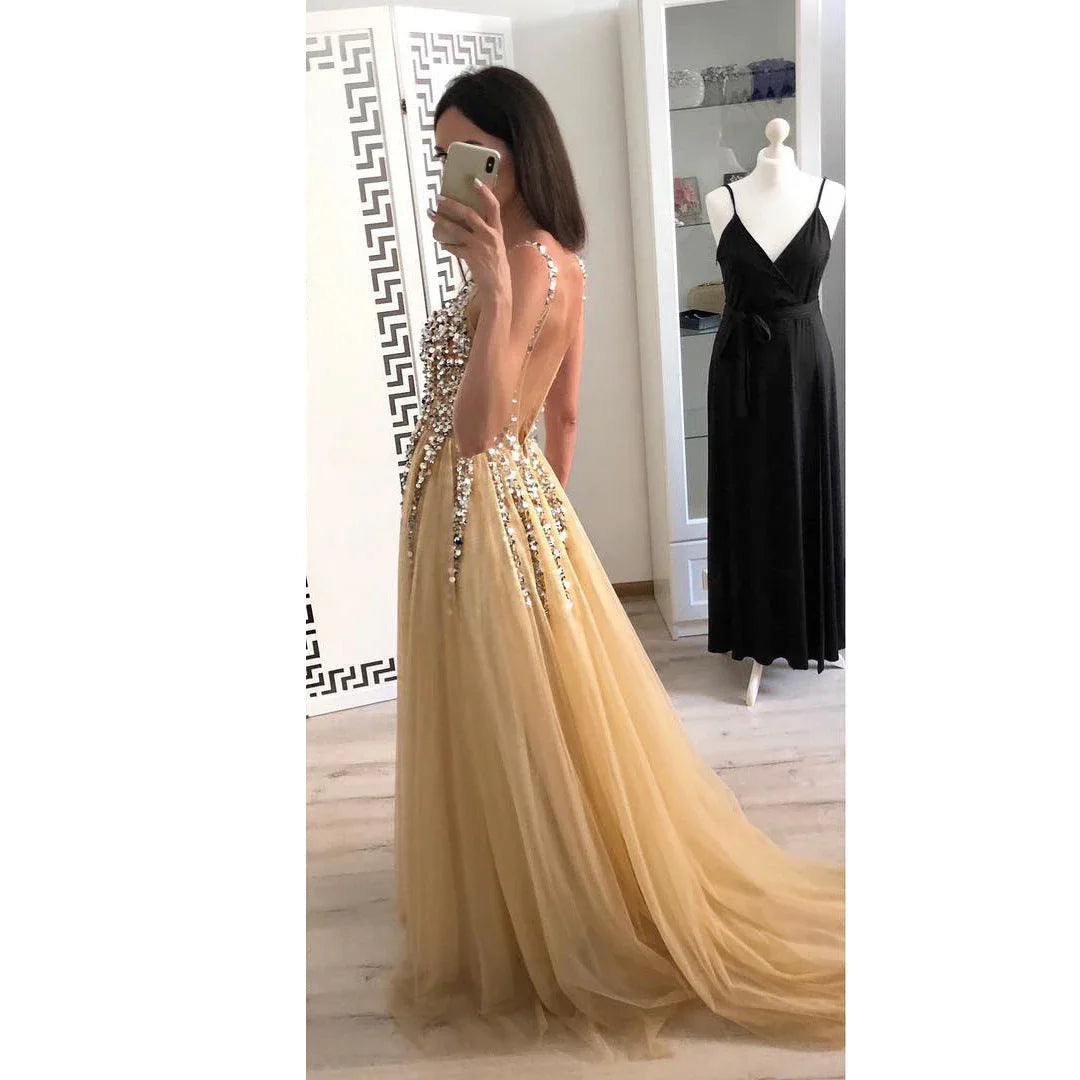 Hot Sale Front And Back V-neck Sequined Floor-length Dovetail Dress - VAleG