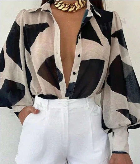 Women's Elegant Loose Geometric Print Lantern Sleeve Blouse, Spring & Summer - VAleG