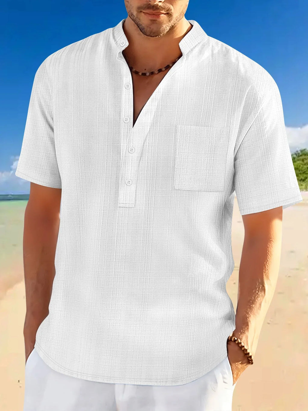 Stand Collar Short Sleeve Loose Leisure Vacation Henley Shirt - VAleG