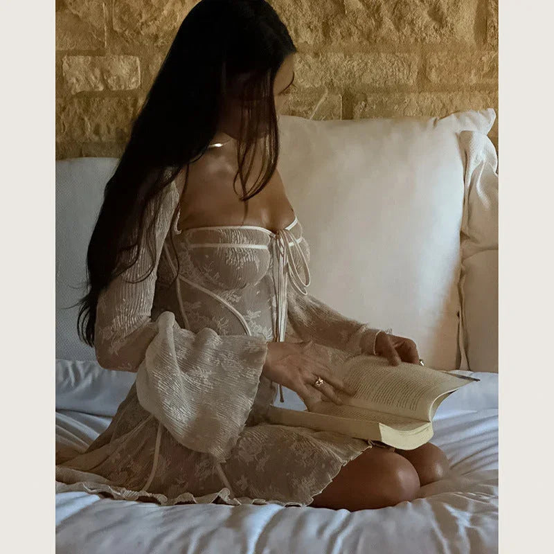 Lace Square Collar Dress Bell-bottom Long Sleeve Tied A- Line Dresses Womens Clothing - VAleG