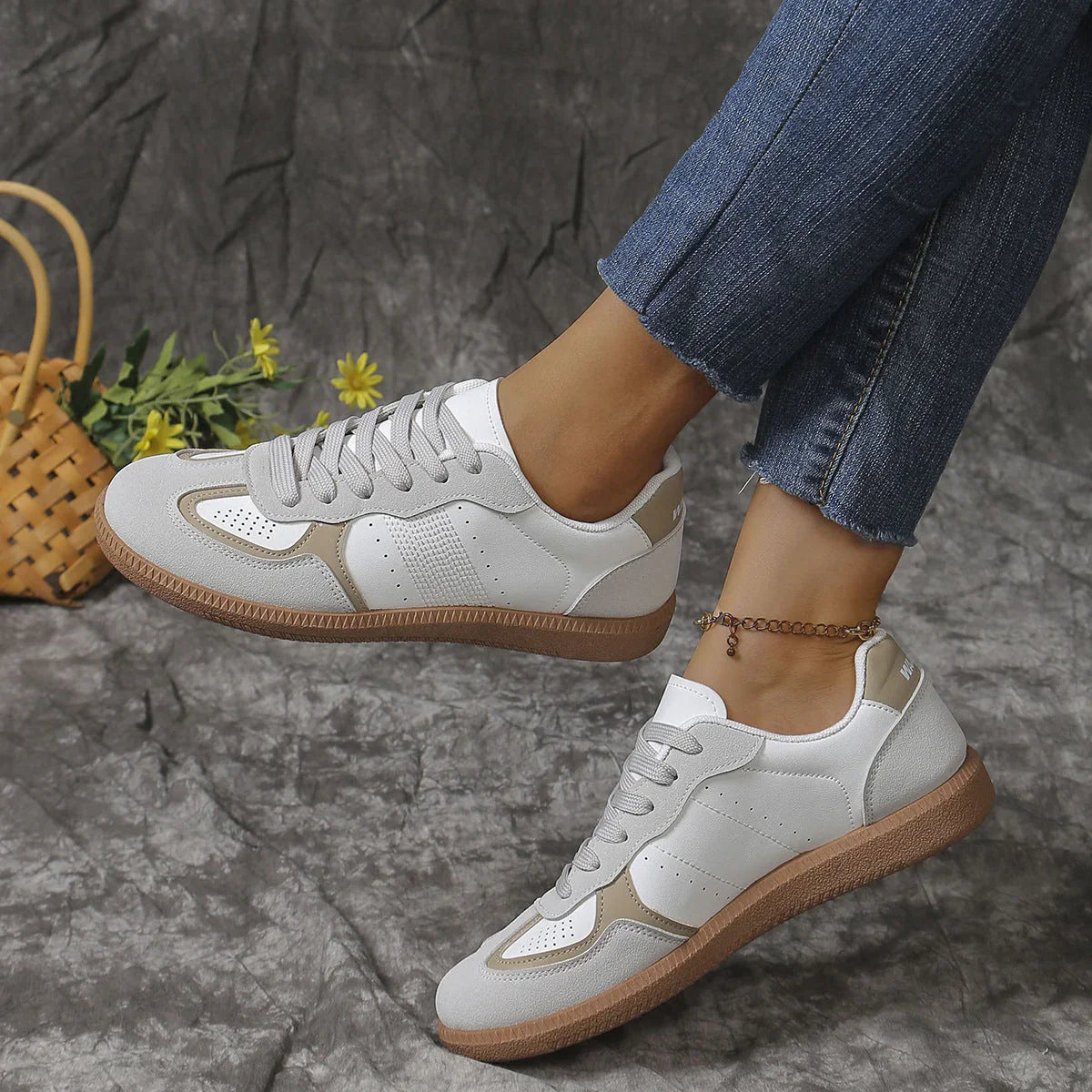 New Colorblock Lace-up Flats Shoes Fashion Breathable Hollow Slip On Casual Shoes For Women - VAleG
